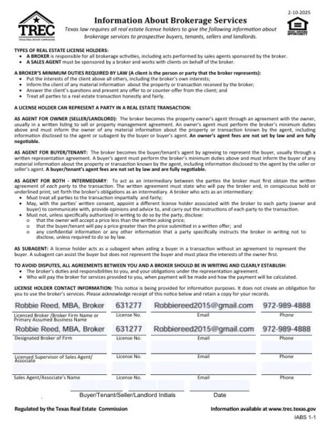 Information About Brokerage Services TREC Form